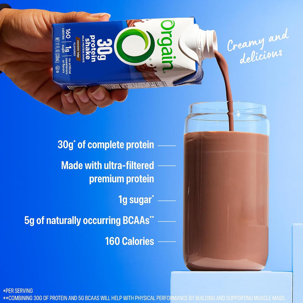 Orgain 30g High Protein Dairy Shake, 5g BCAAs, Chocolate, 11 oz, 12pk