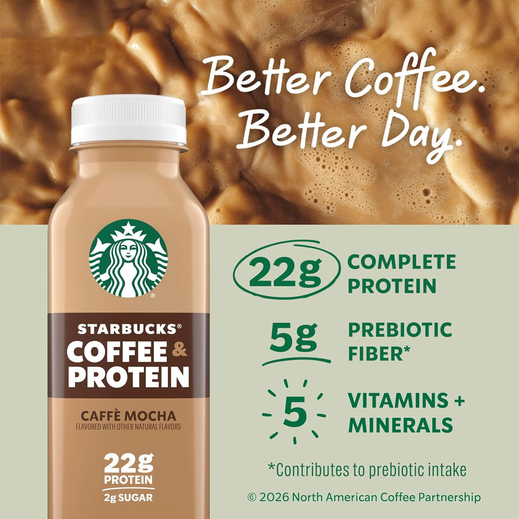 Starbucks Coffee & Protein, Caffe Mocha, 12 fl oz Bottles, (12 Pack), 22g 2g Sugar, No Added 5g Prebiotic Fiber, High Iced Coffee, Vegetarian