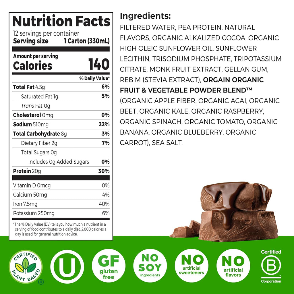 Orgain Organic 20g Vegan High Protein Shake, Chocolate, 11 oz, 12pk